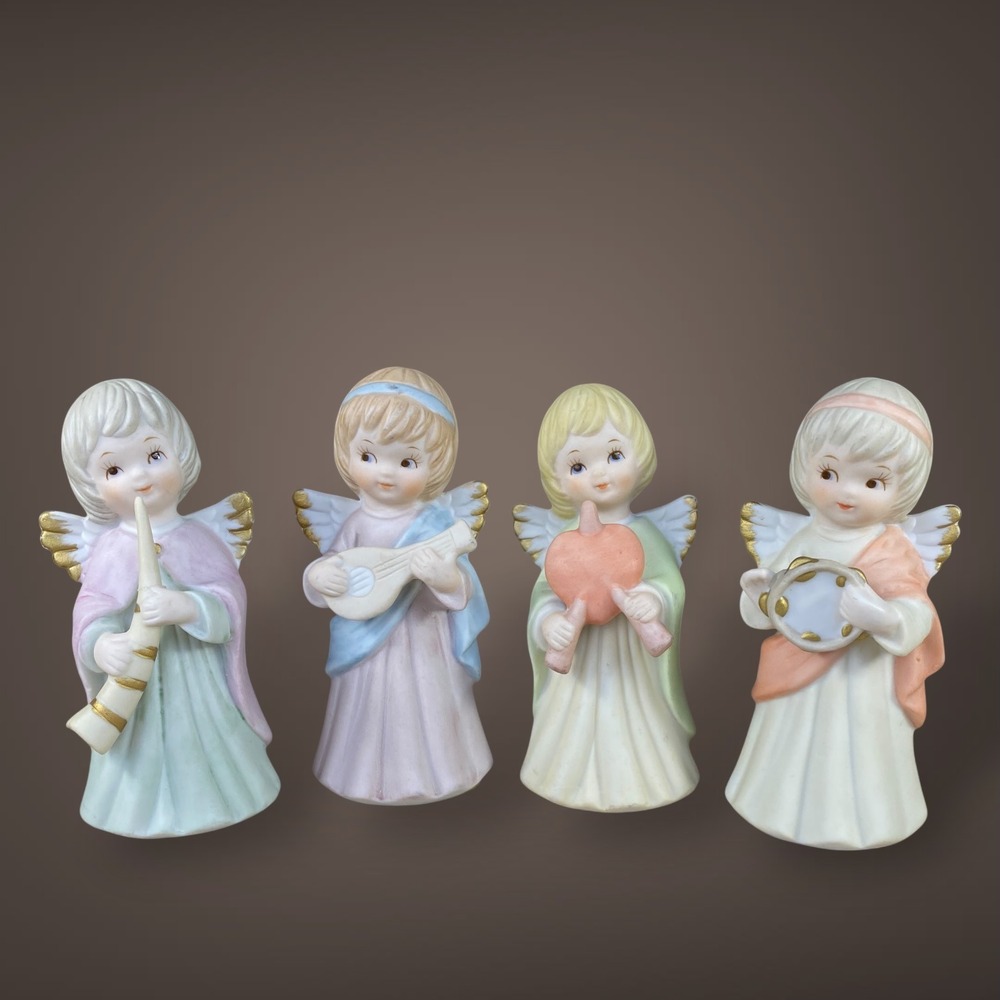Lefton‎ China Hand Painted Angel Figurines Set of 4 Musical Cherubs 05019